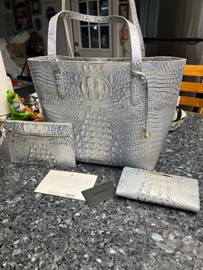 Brahmin White Croc-Embossed Tote with Blue Trim and Matching Pouches